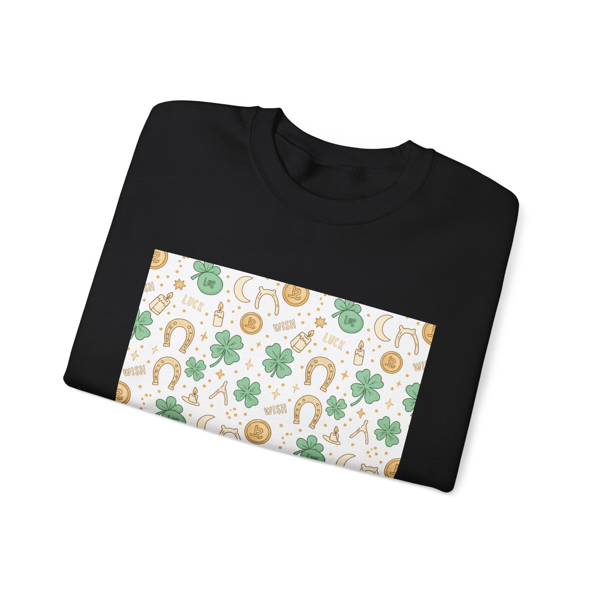 Lucky Charm Sticker Pattern Sweatshirt | mint gold good luck symbols
