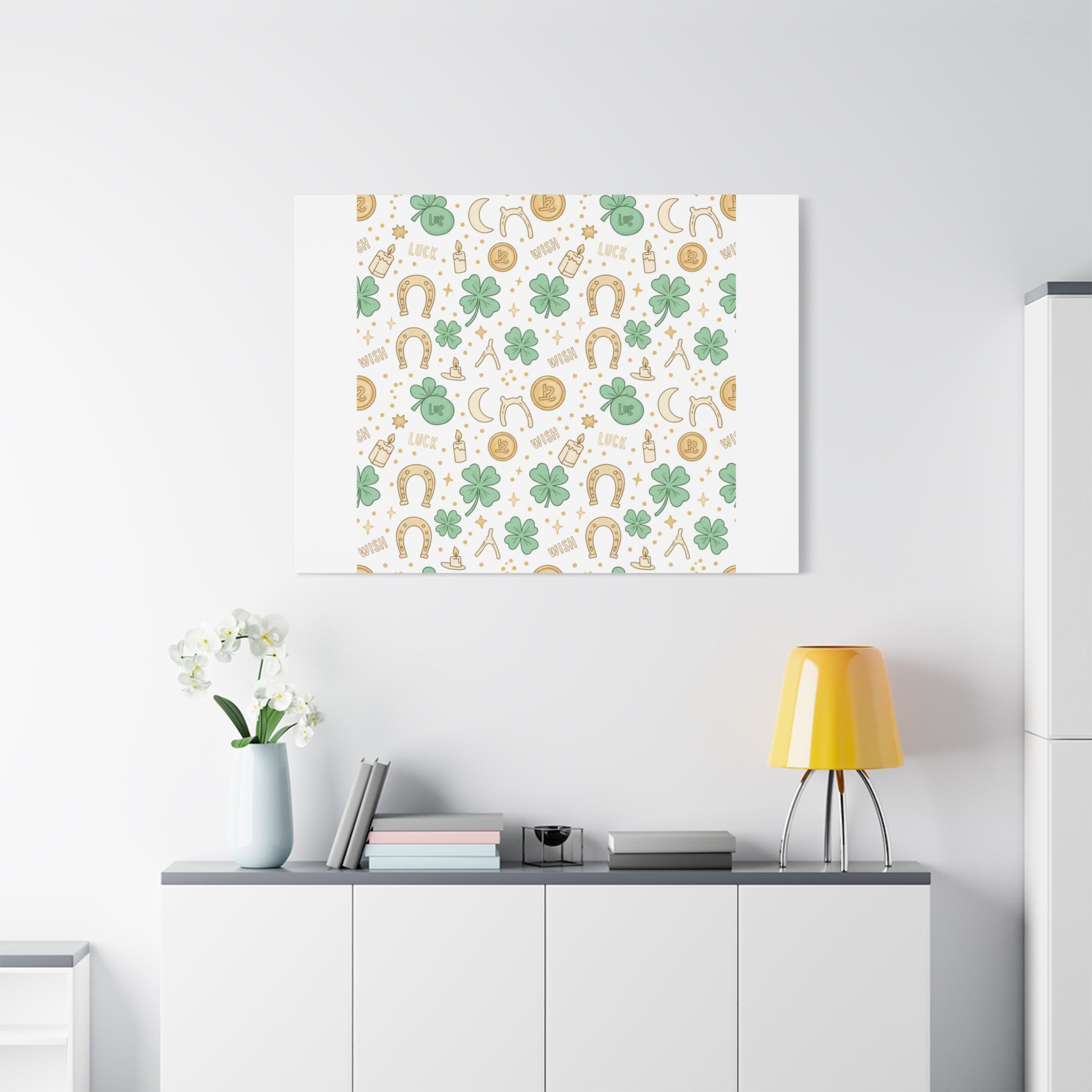 Lucky Charm Sticker Pattern Canvas, Mint Gold Talisman Print