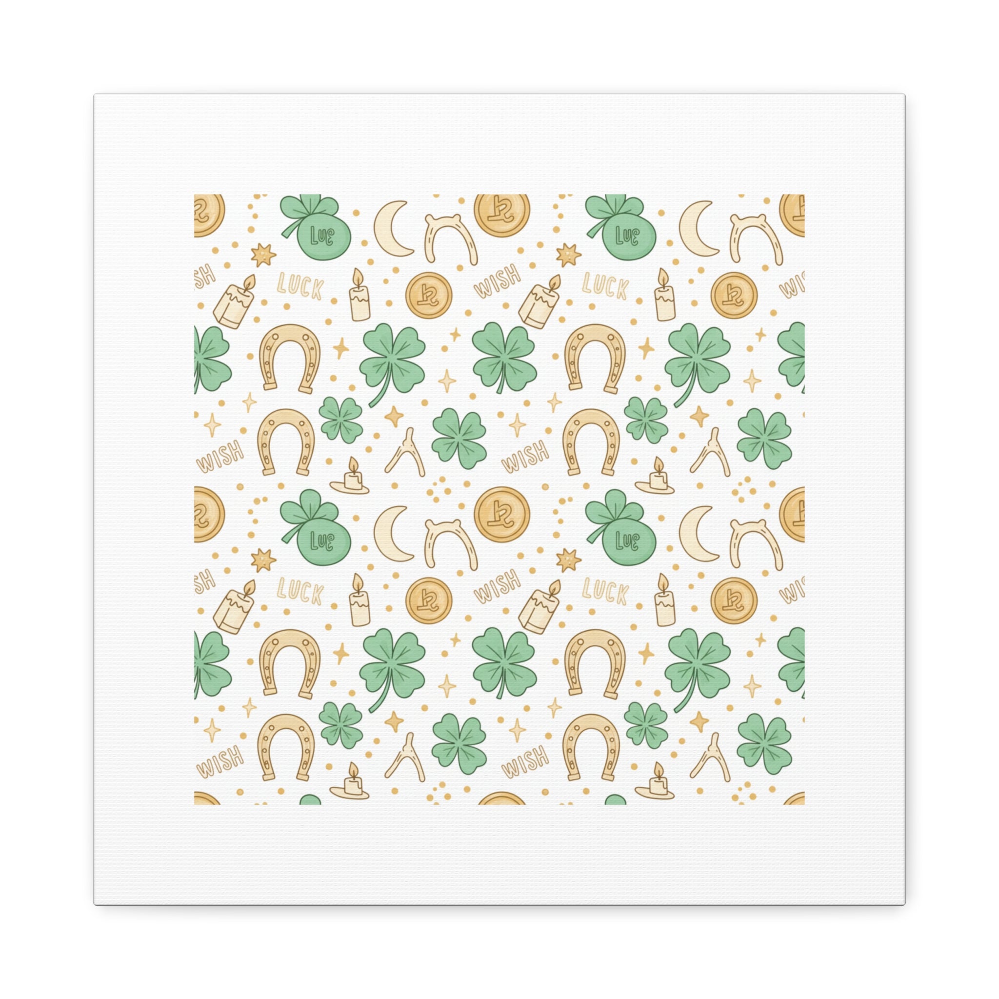 Lucky Charm Sticker Pattern Canvas, Mint Gold Talisman Print