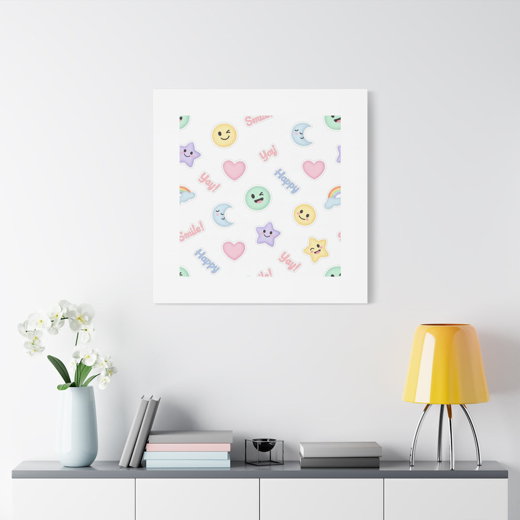 Hand-Drawn Emoticon Pattern Canvas | Cute Emoji Sticker Pastel Print