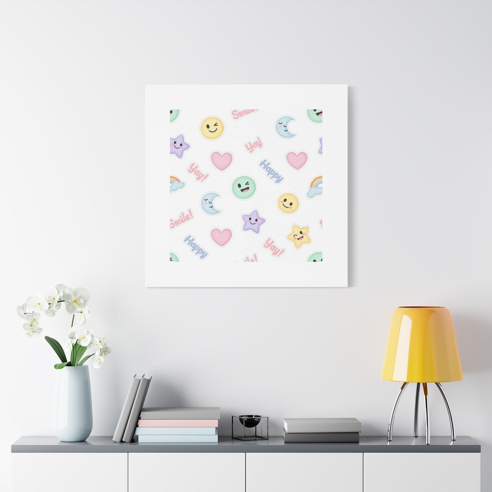 Hand-Drawn Emoticon Pattern Canvas | Cute Emoji Sticker Pastel Print