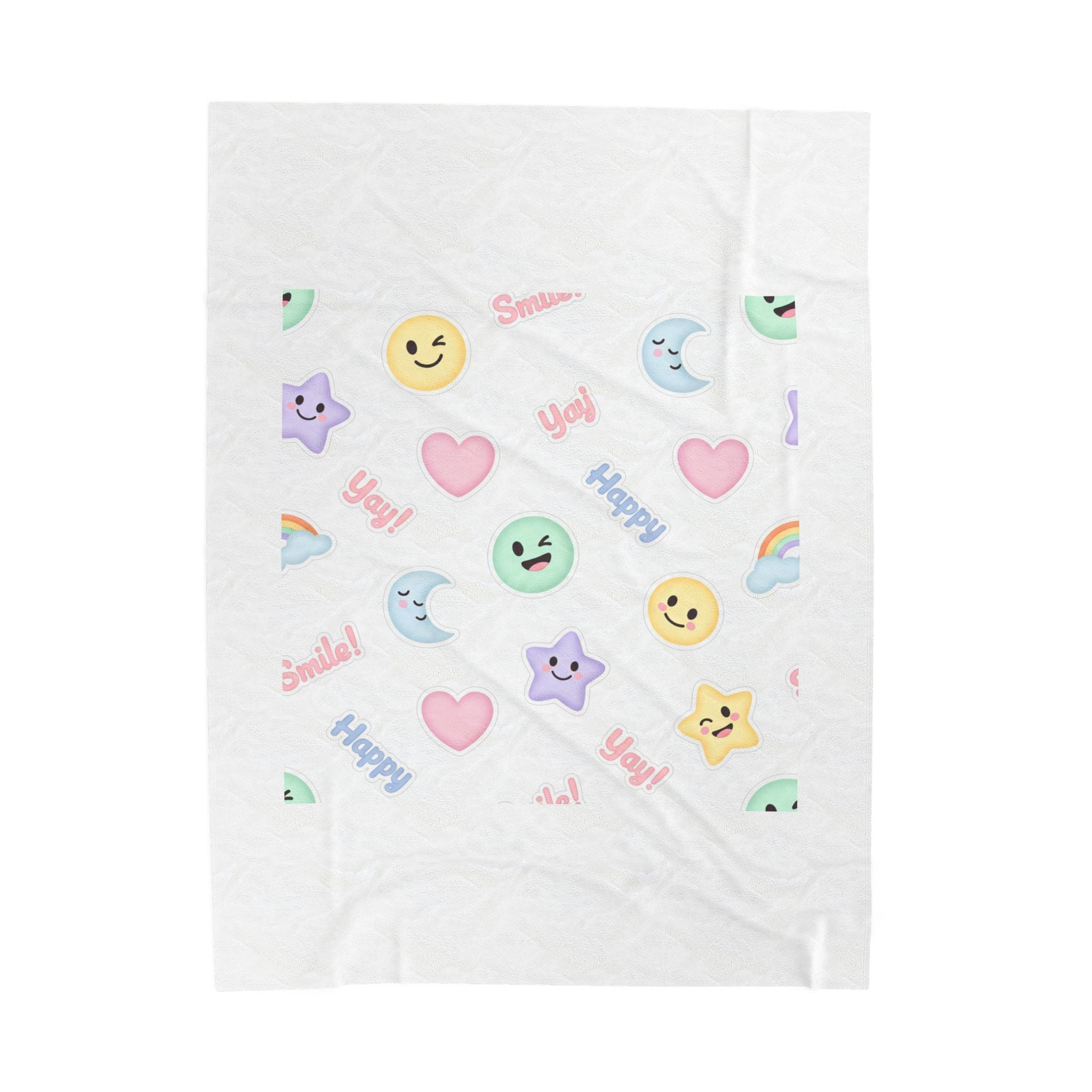 Hand-Drawn Emoticon Pattern Velveteen Plush Blanket | Pastel Sticker Emoji Repeat