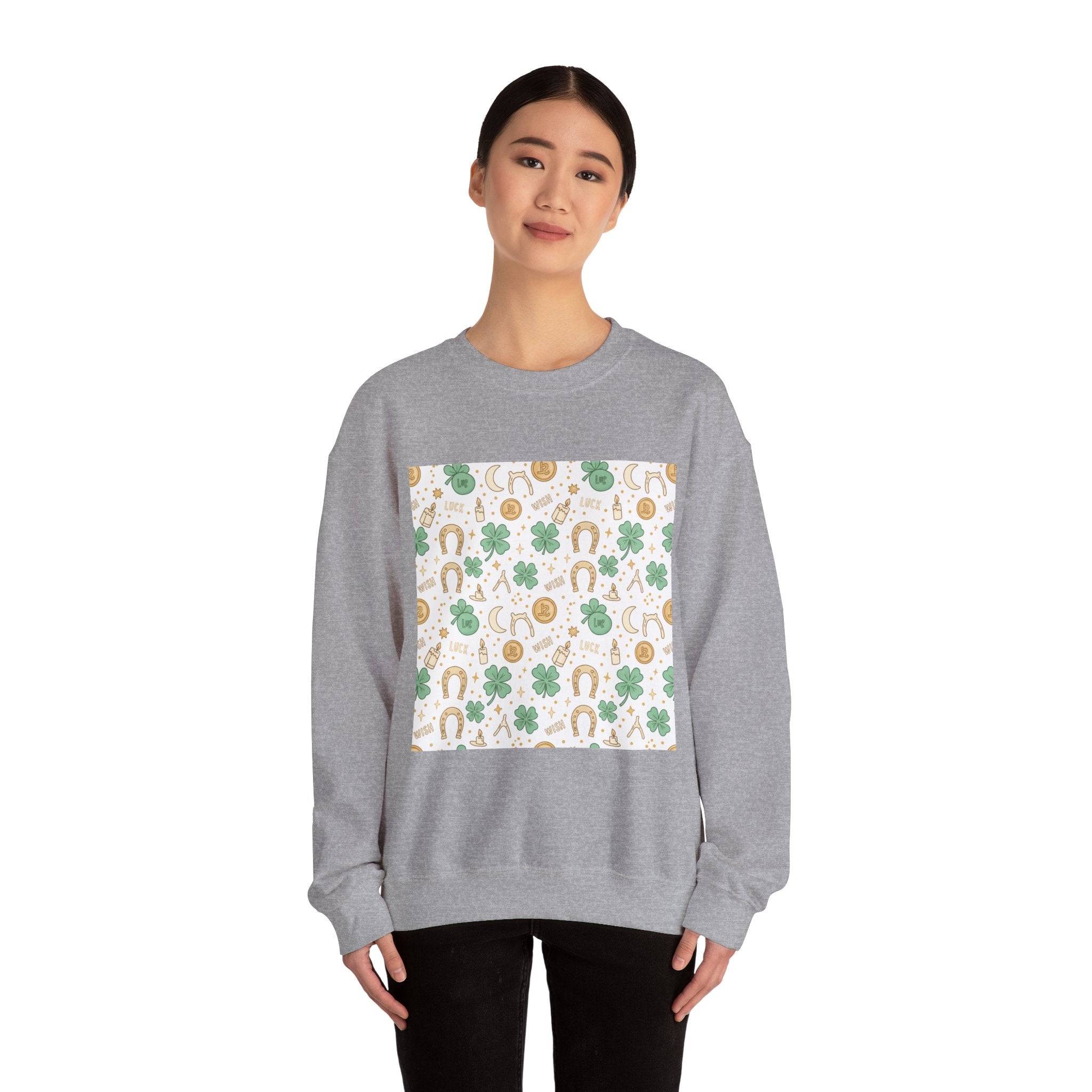 Lucky Charm Sticker Pattern Sweatshirt | mint gold good luck symbols
