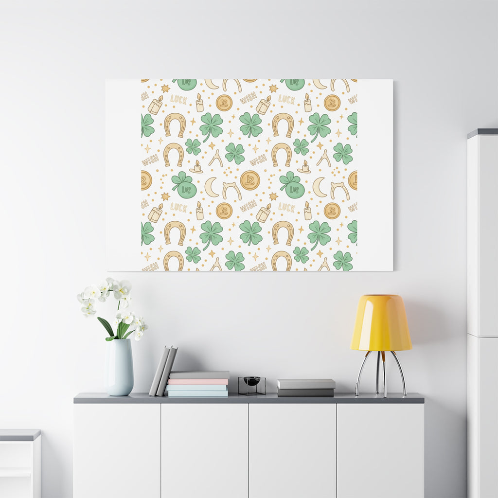 Lucky Charm Sticker Pattern Canvas, Mint Gold Talisman Print