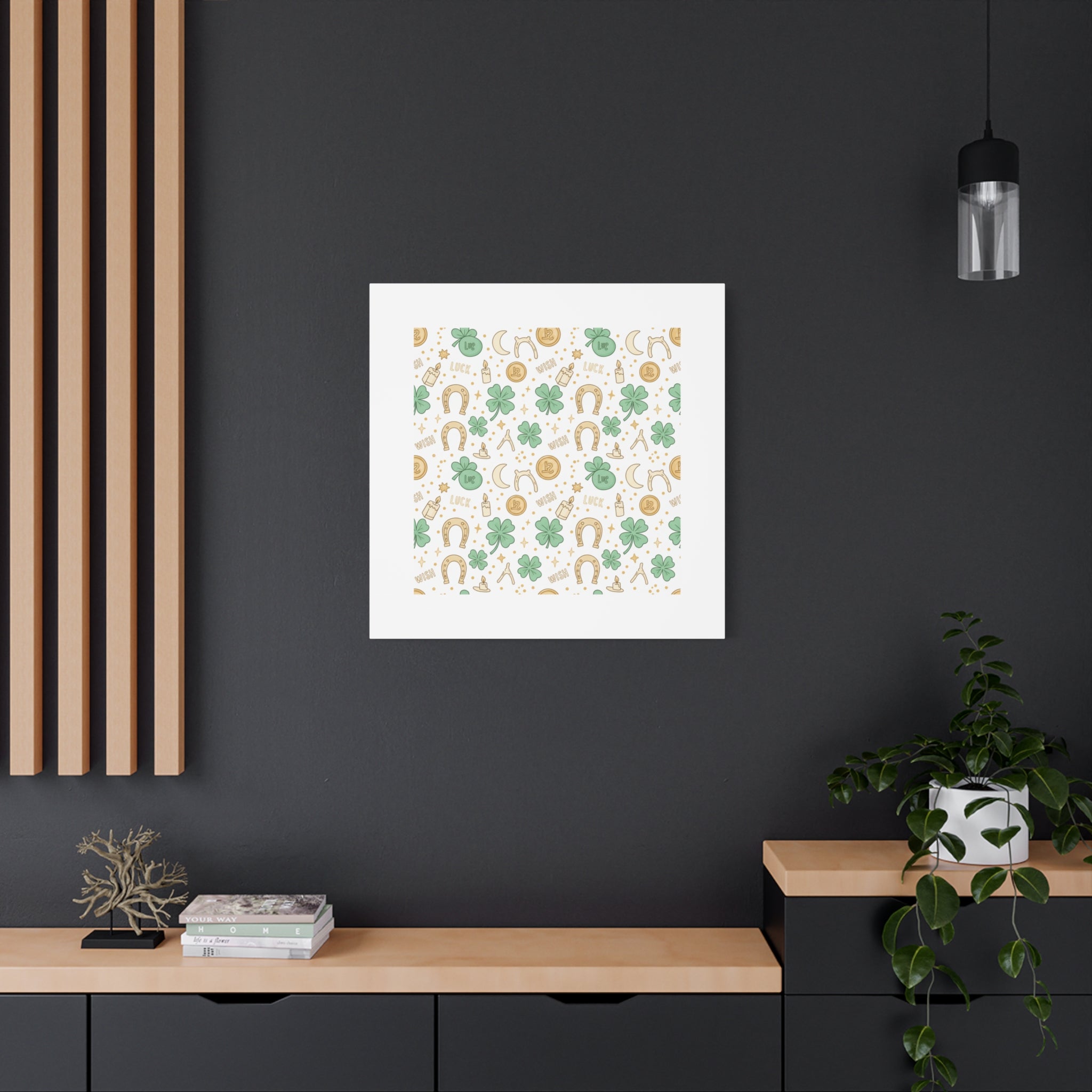 Lucky Charm Sticker Pattern Canvas, Mint Gold Talisman Print