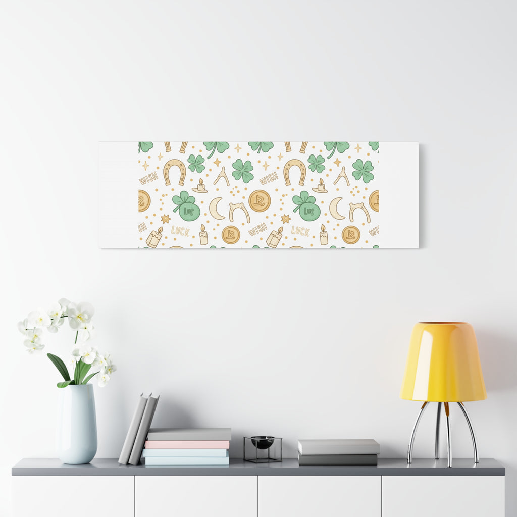 Lucky Charm Sticker Pattern Canvas, Mint Gold Talisman Print