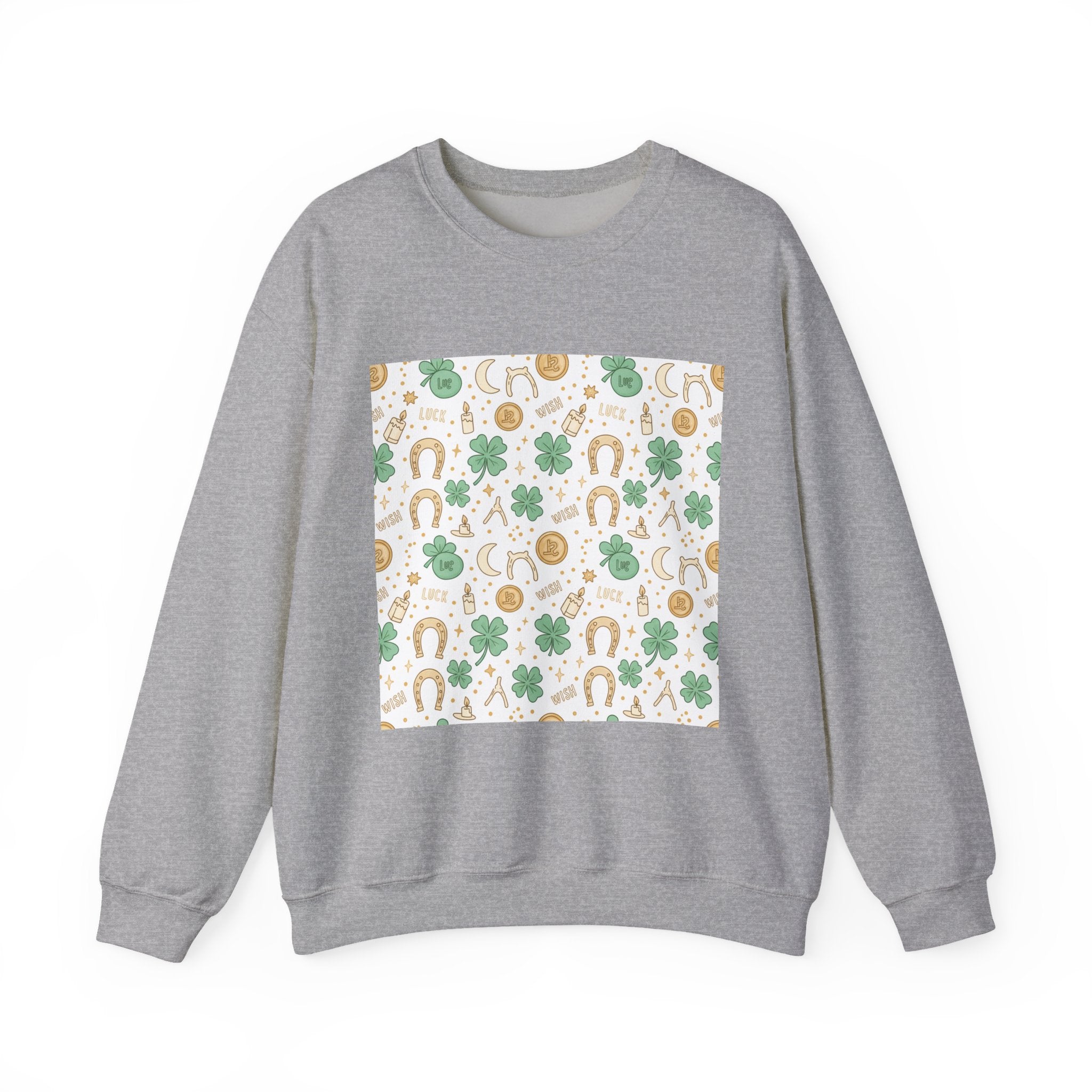 Lucky Charm Sticker Pattern Sweatshirt | mint gold good luck symbols