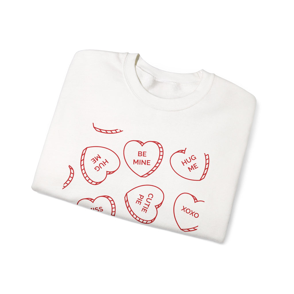Crewneck Sweatshirt — Red Conversation Hearts Valentine Design (Be Mine, Love, Miss You)