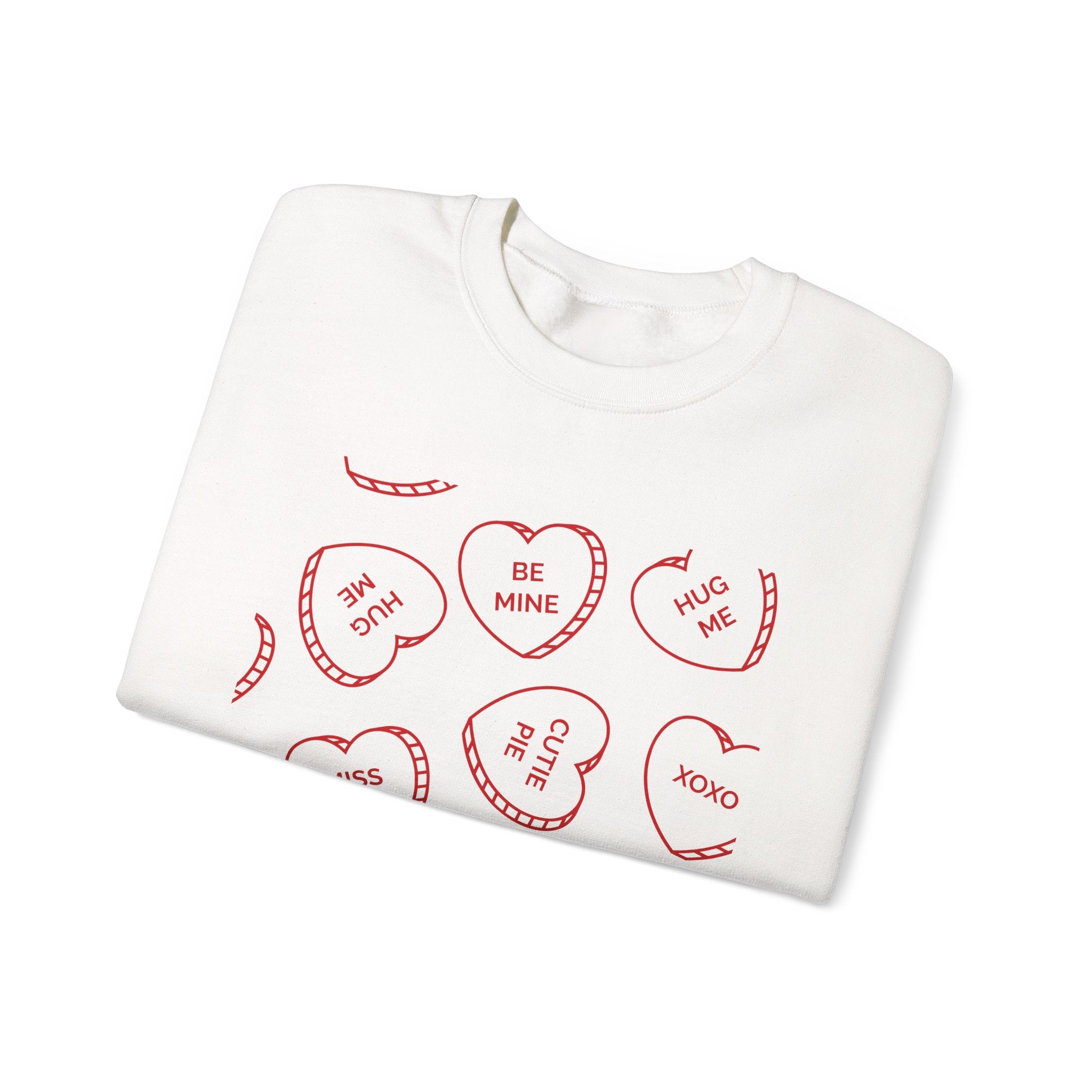 Crewneck Sweatshirt — Red Conversation Hearts Valentine Design (Be Mine, Love, Miss You)