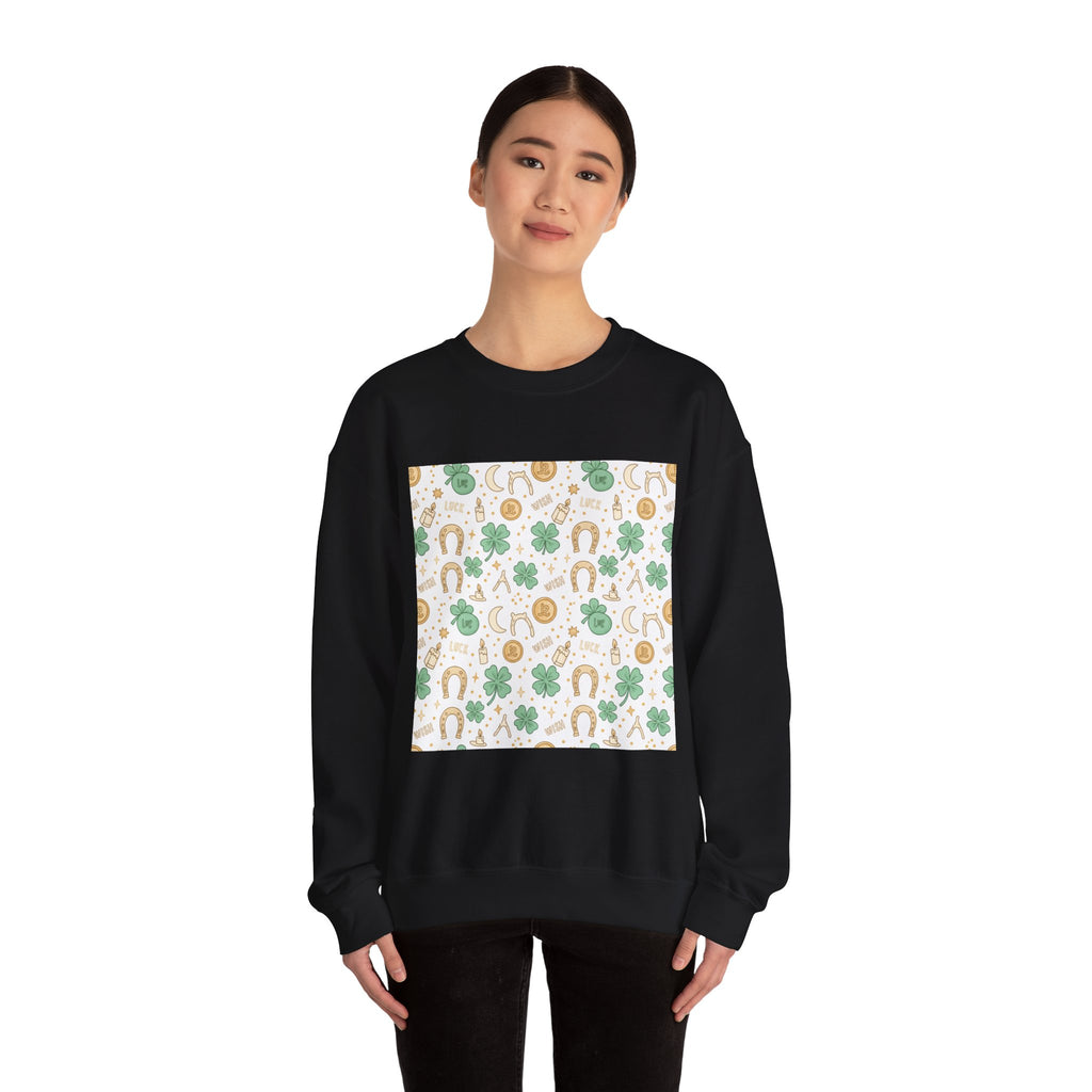 Lucky Charm Sticker Pattern Sweatshirt | mint gold good luck symbols