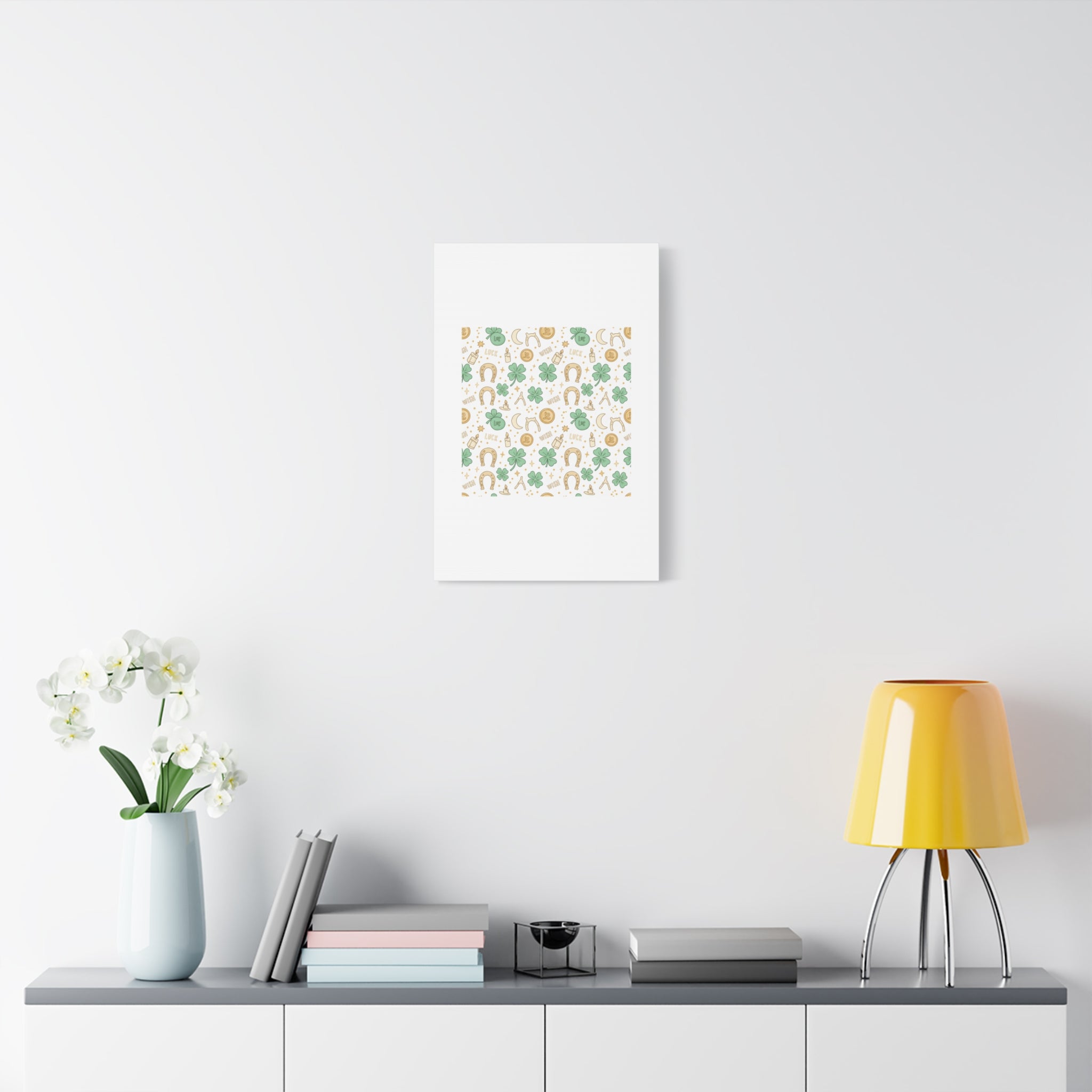 Lucky Charm Sticker Pattern Canvas, Mint Gold Talisman Print