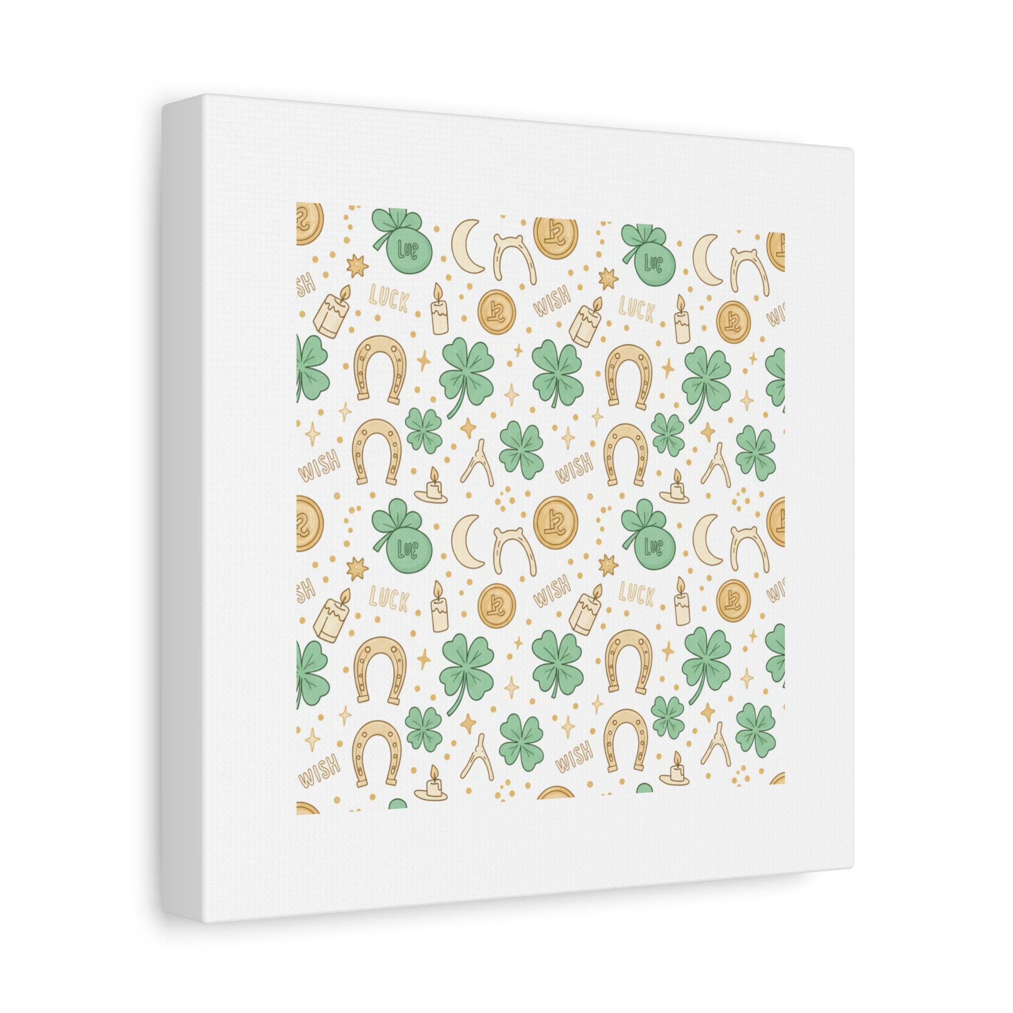 Lucky Charm Sticker Pattern Canvas, Mint Gold Talisman Print