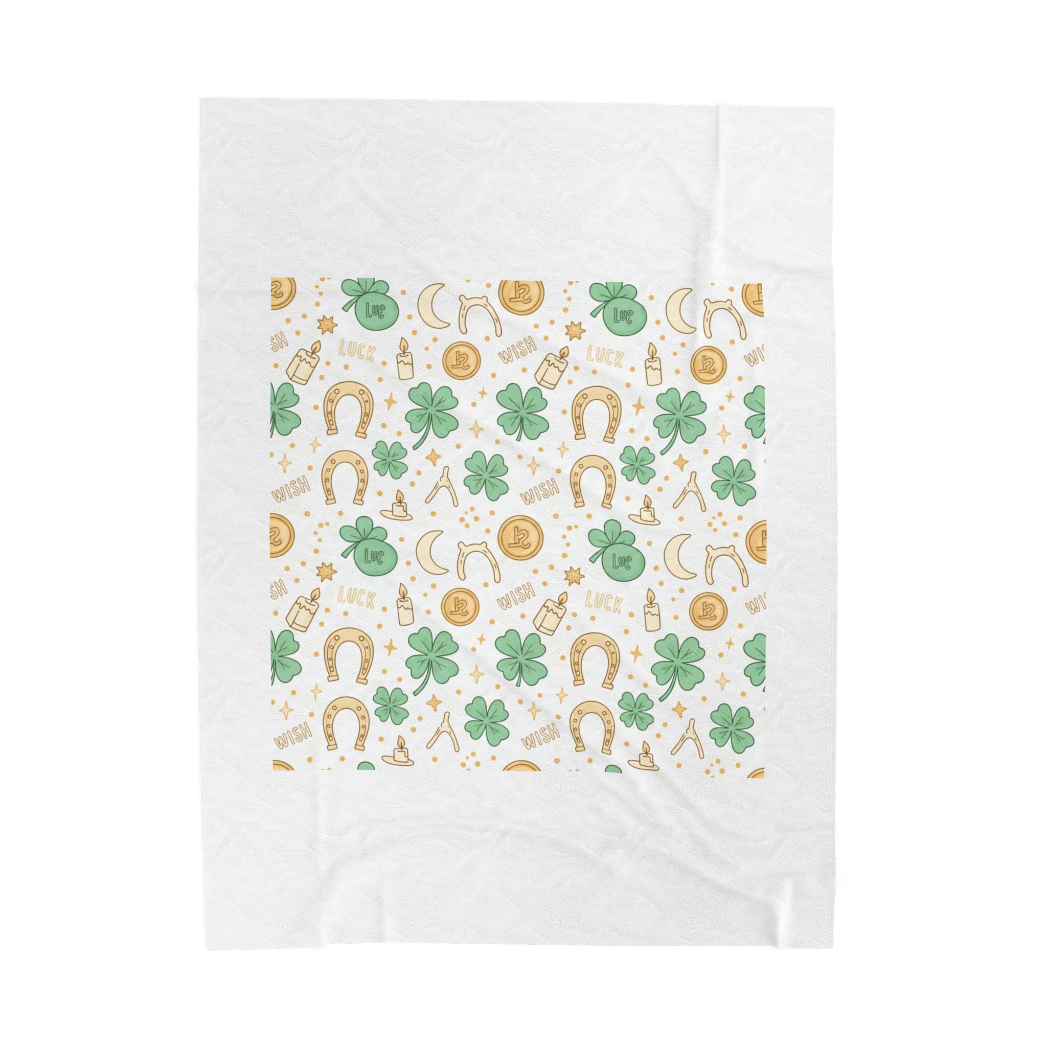 Lucky Charm Sticker Pattern Blanket | Mint Gold clovers horseshoes stars lotus