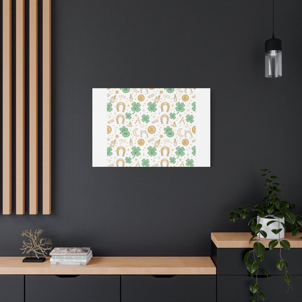 Lucky Charm Sticker Pattern Canvas, Mint Gold Talisman Print