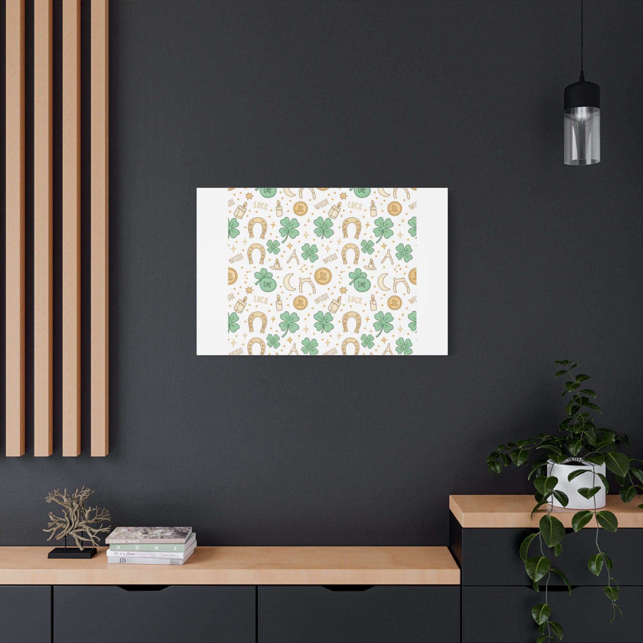 Lucky Charm Sticker Pattern Canvas, Mint Gold Talisman Print