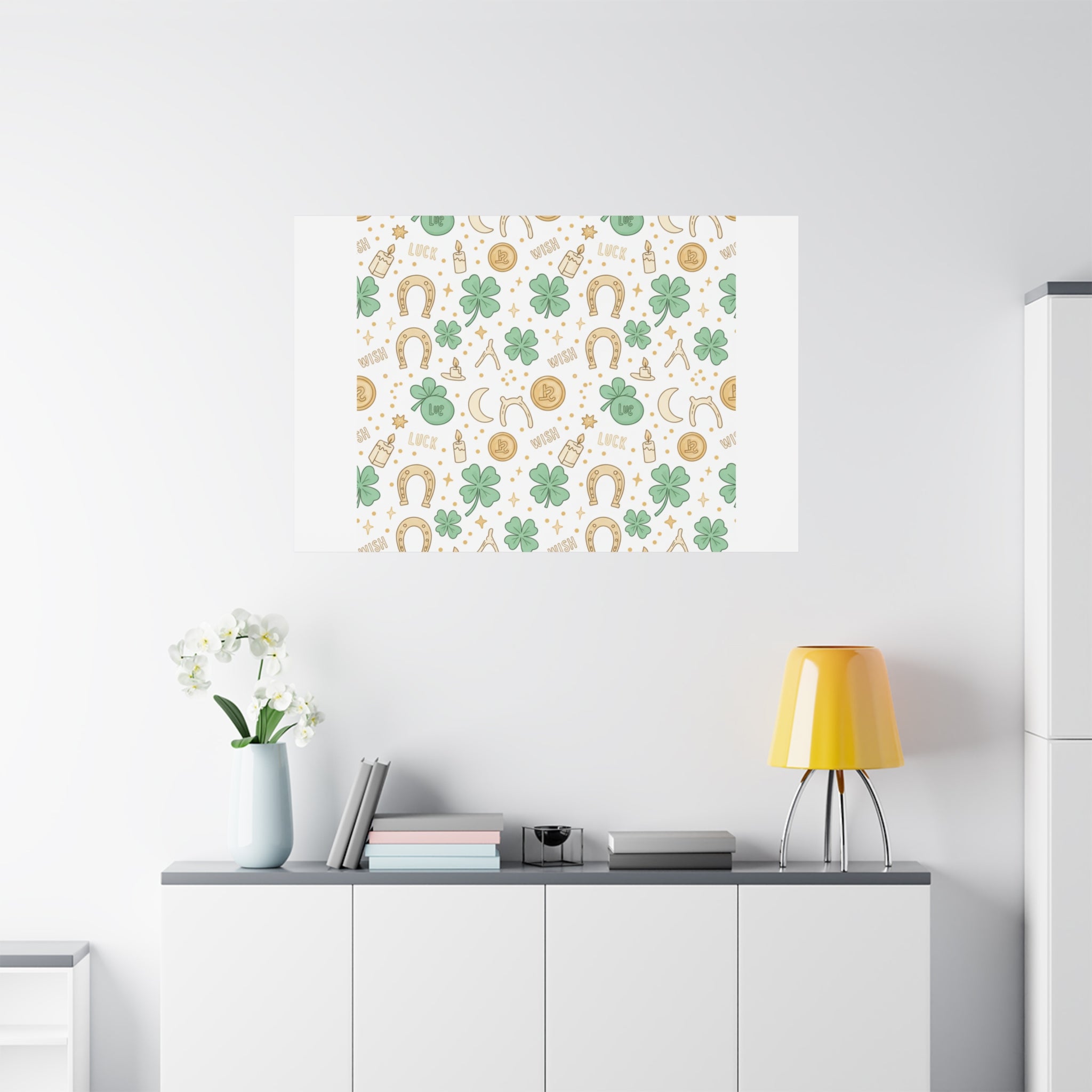 Lucky Charm Sticker Pattern Canvas, Mint Gold Talisman Print