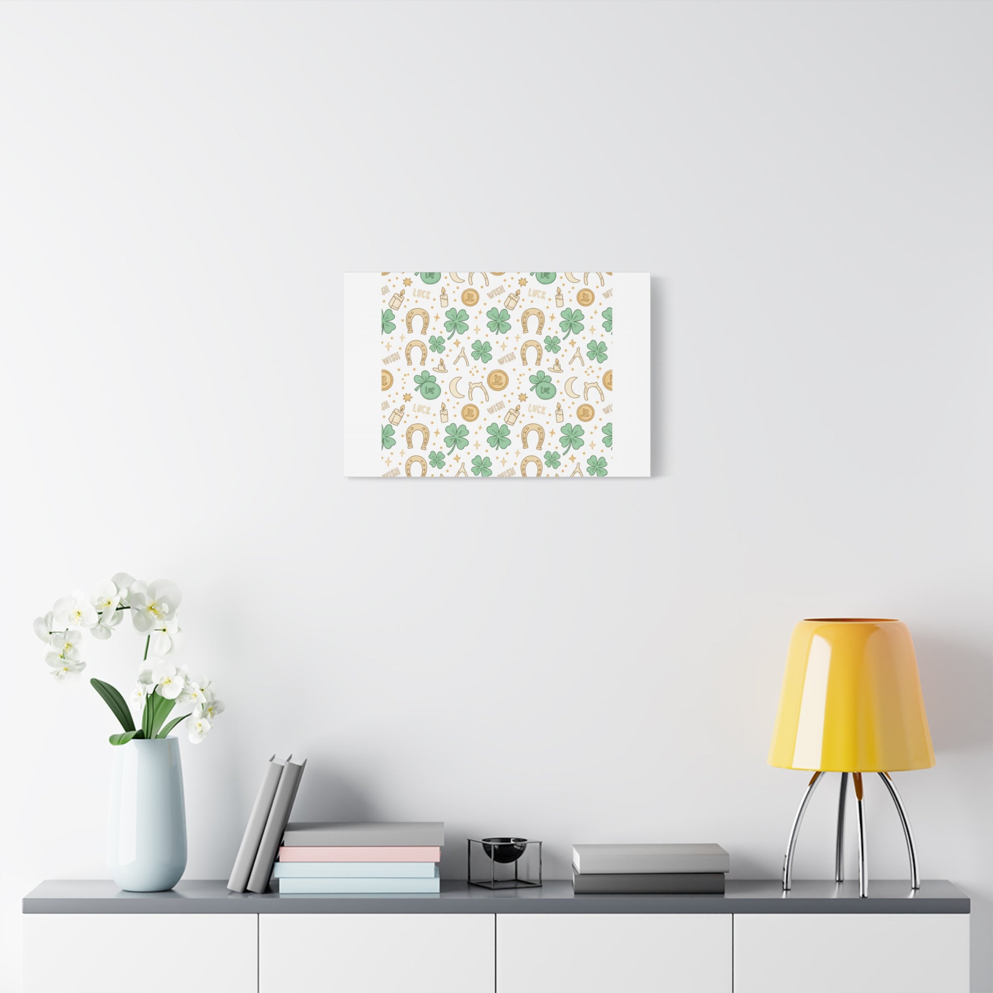 Lucky Charm Sticker Pattern Canvas, Mint Gold Talisman Print