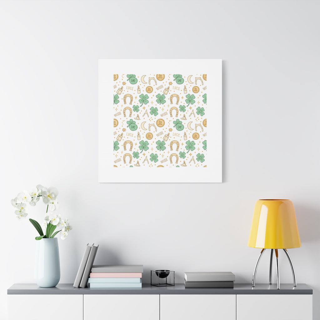 Lucky Charm Sticker Pattern Canvas, Mint Gold Talisman Print