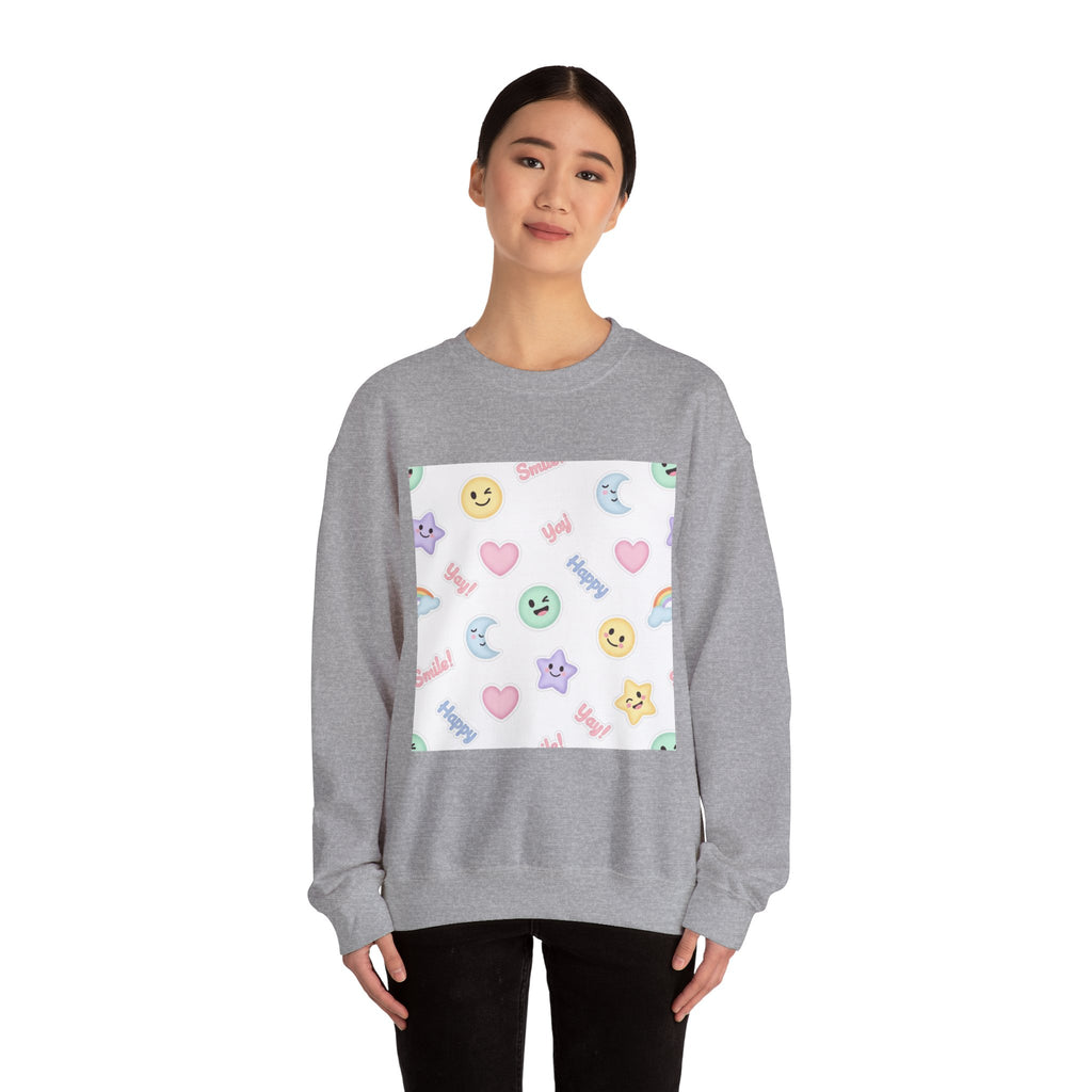 Hand-Drawn Emoticon Pattern Crewneck, pastel sticker emoji repeat print | cute emoticon