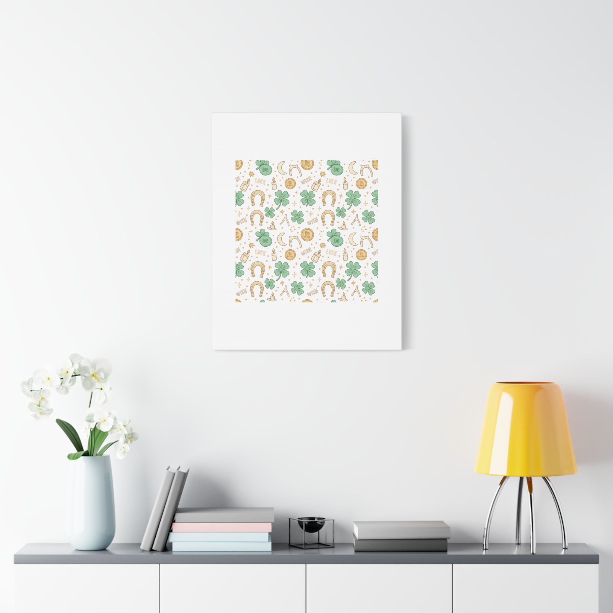 Lucky Charm Sticker Pattern Canvas, Mint Gold Talisman Print