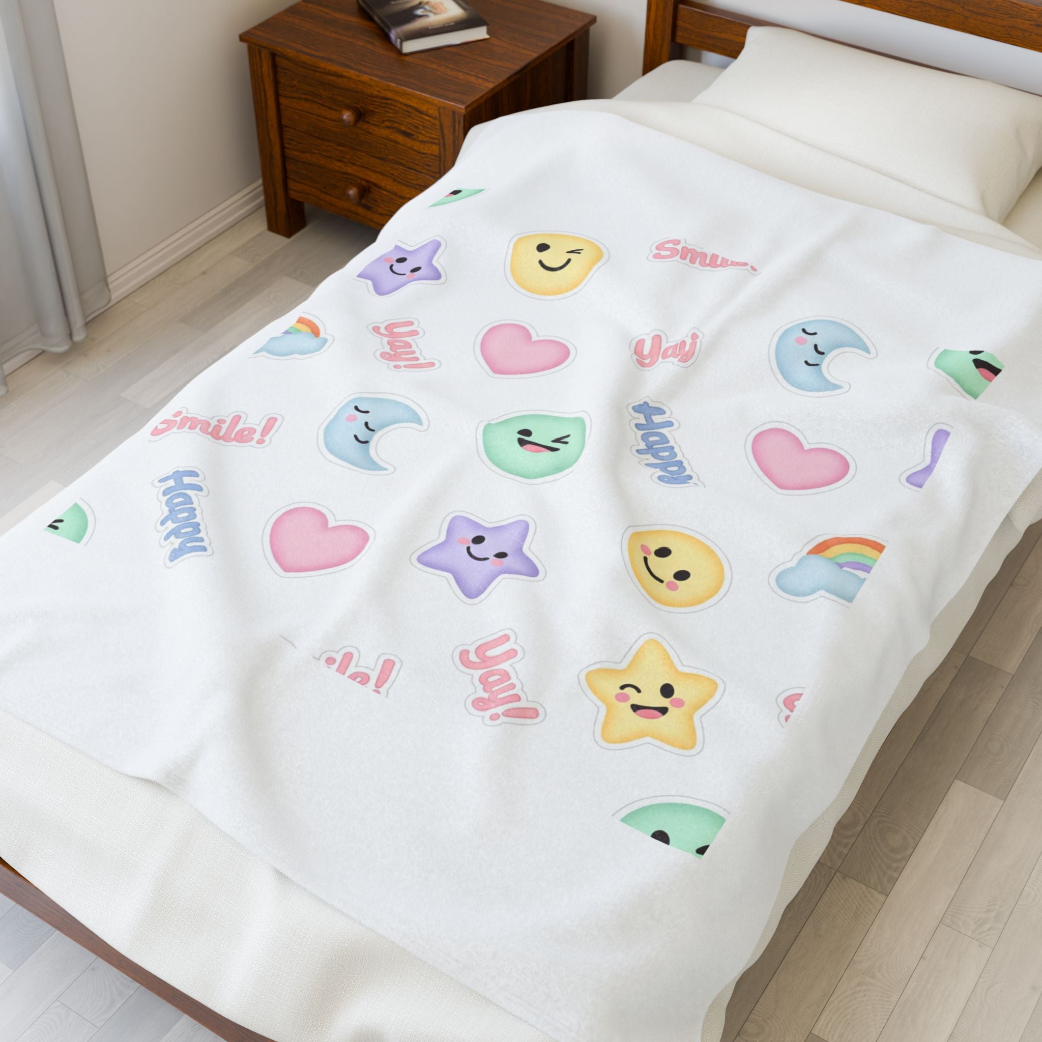Hand-Drawn Emoticon Pattern Velveteen Plush Blanket | Pastel Sticker Emoji Repeat