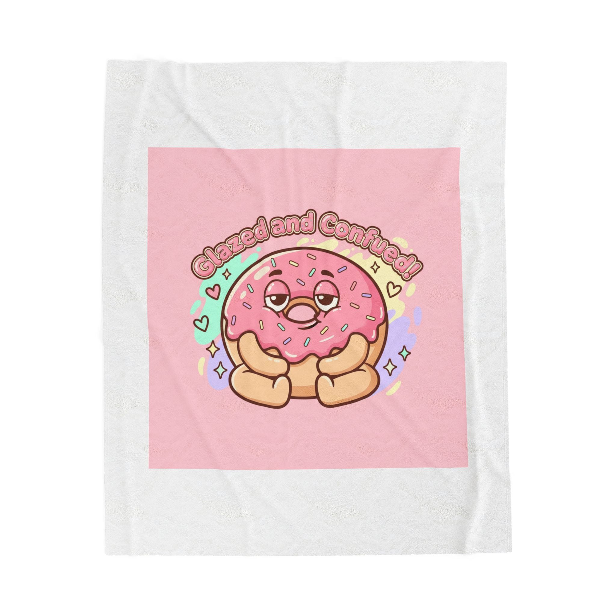 Glazed and Comforted Donut Illustration Velveteen Blanket, Food Pun Cozy