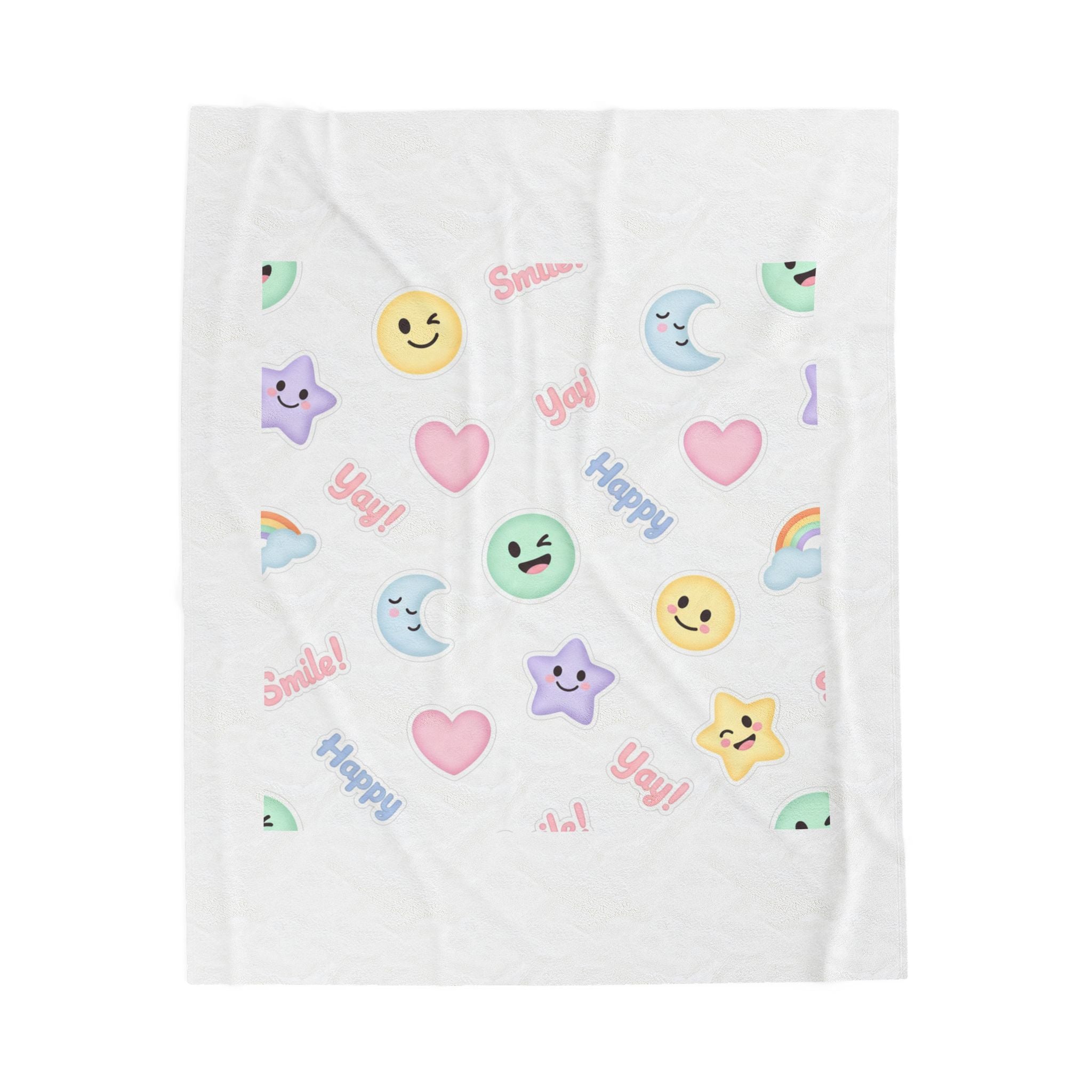 Hand-Drawn Emoticon Pattern Velveteen Plush Blanket | Pastel Sticker Emoji Repeat