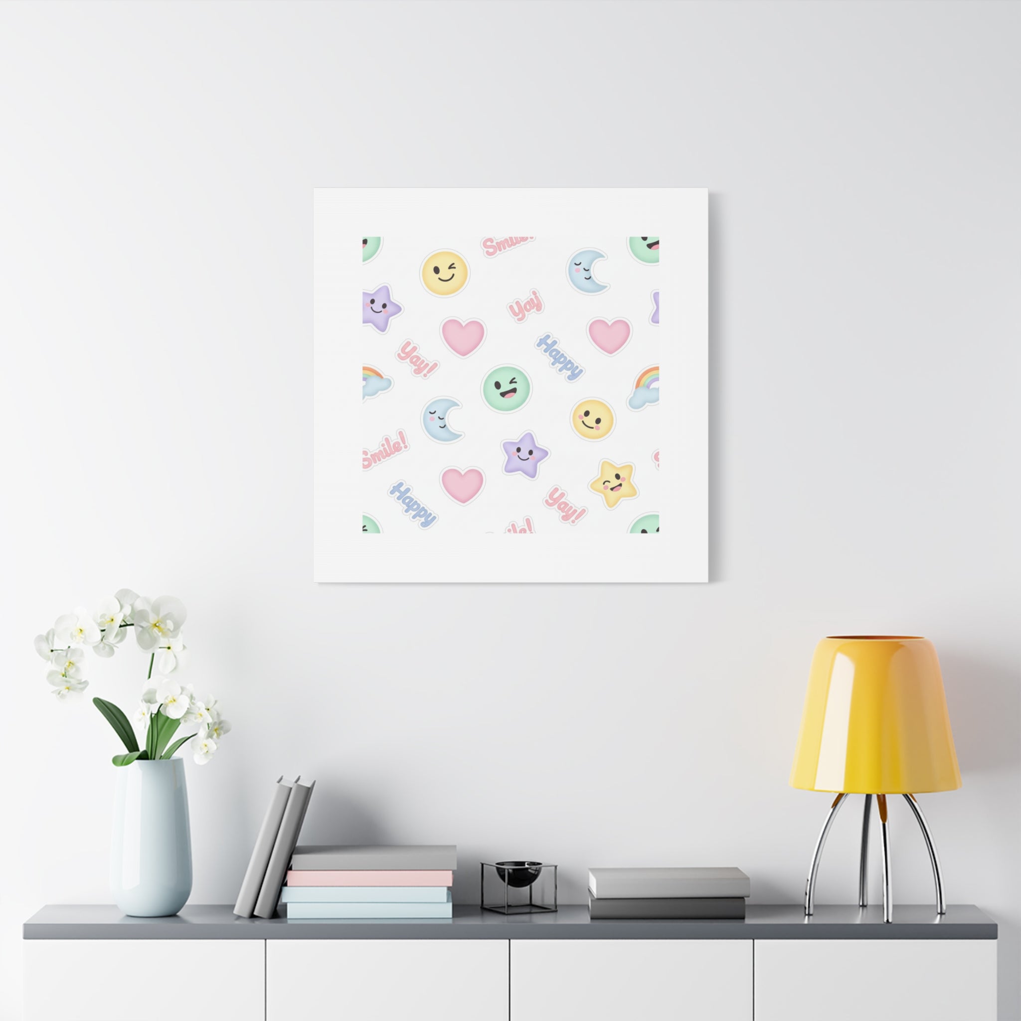 Hand-Drawn Emoticon Pattern Canvas | Cute Emoji Sticker Pastel Print