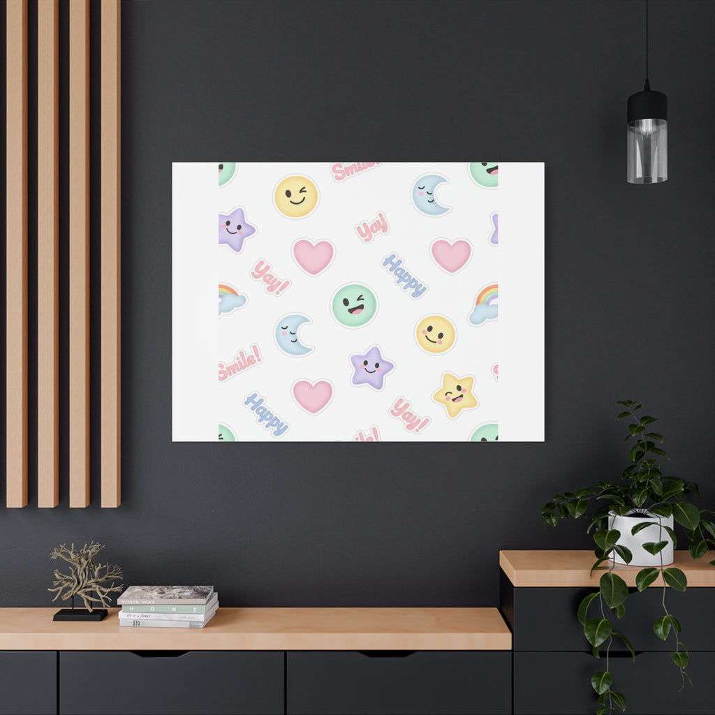 Hand-Drawn Emoticon Pattern Canvas | Cute Emoji Sticker Pastel Print