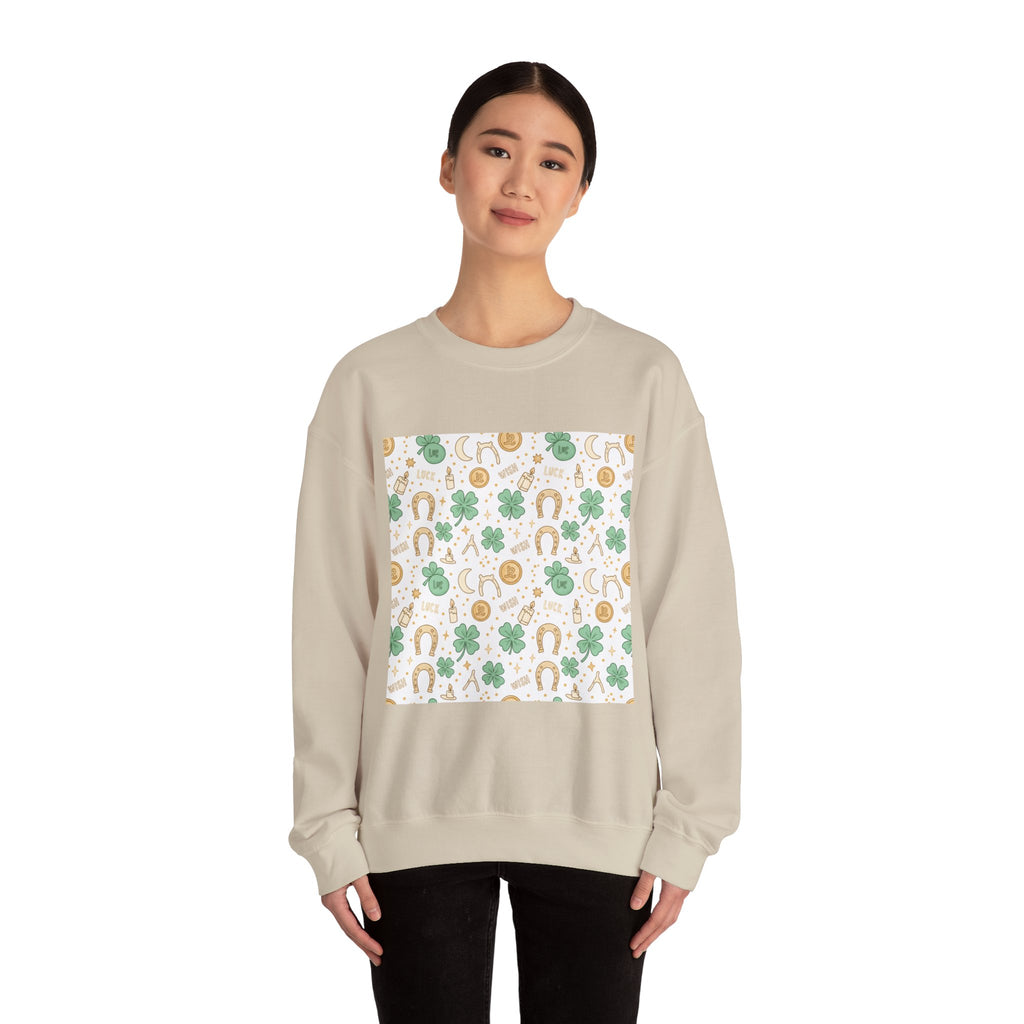 Lucky Charm Sticker Pattern Sweatshirt | mint gold good luck symbols