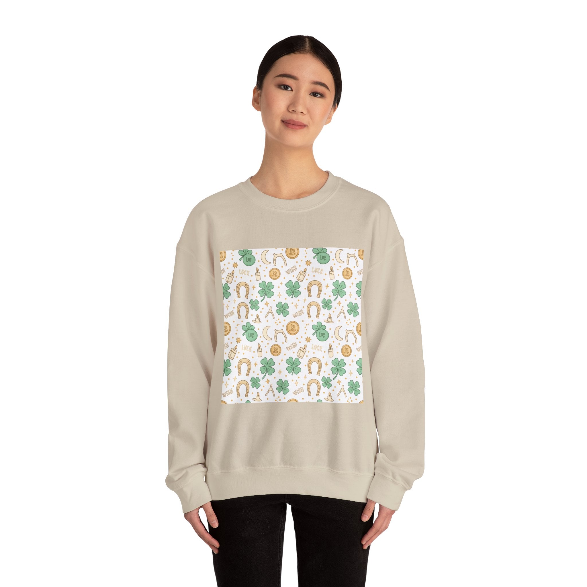 Lucky Charm Sticker Pattern Sweatshirt | mint gold good luck symbols