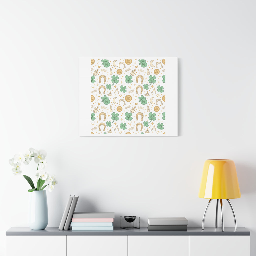 Lucky Charm Sticker Pattern Canvas, Mint Gold Talisman Print