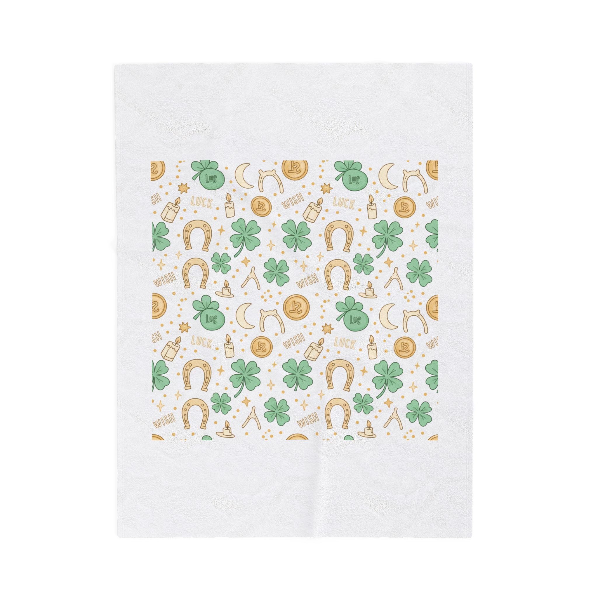 Lucky Charm Sticker Pattern Blanket | Mint Gold clovers horseshoes stars lotus