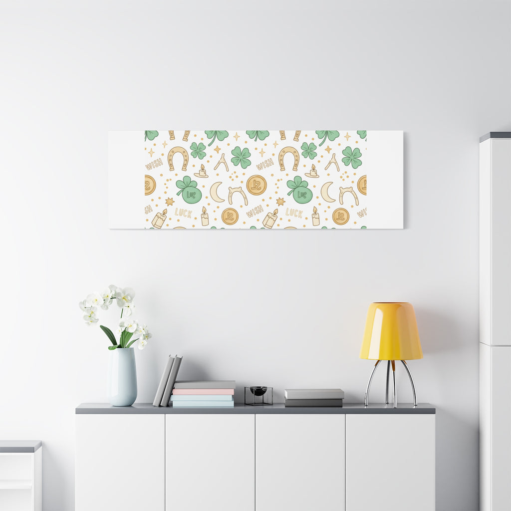 Lucky Charm Sticker Pattern Canvas, Mint Gold Talisman Print