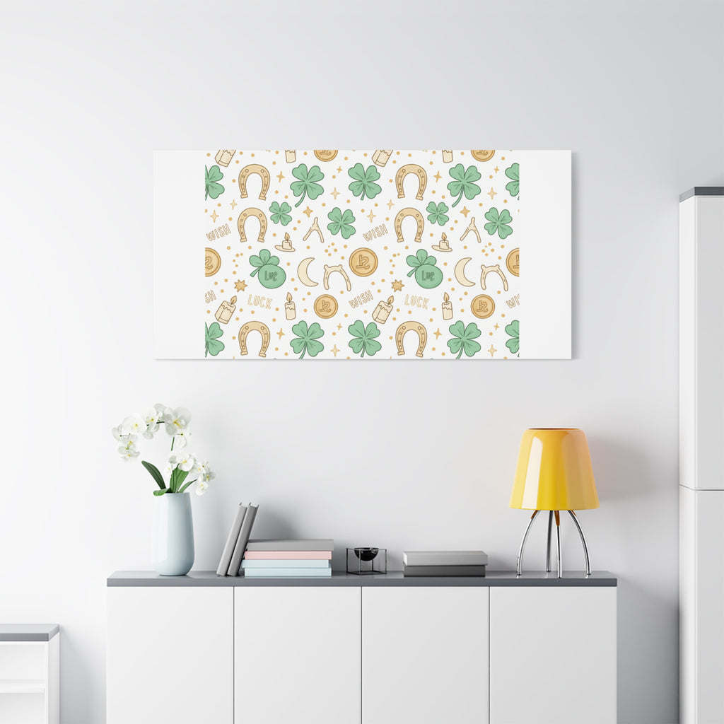 Lucky Charm Sticker Pattern Canvas, Mint Gold Talisman Print