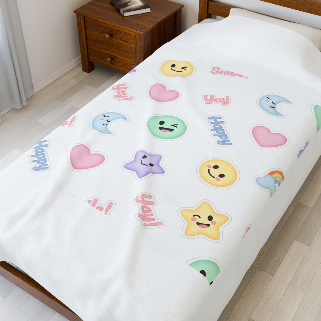 Hand-Drawn Emoticon Pattern Velveteen Plush Blanket | Pastel Sticker Emoji Repeat